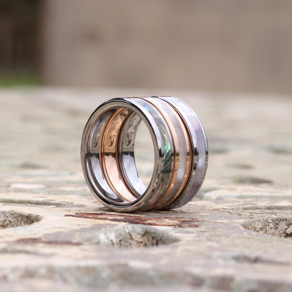 Maldives 4mm Silver Tungsten Carbide Ring Shell Inlay