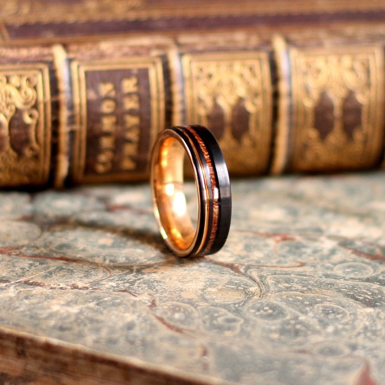 Luanda Tungsten Ring 6mm Black Gold and Wood.