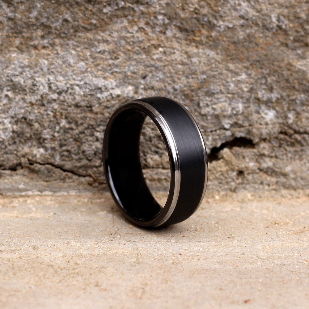 Siam 8mm Tungsten Carbide Ring Black Silver Edge
