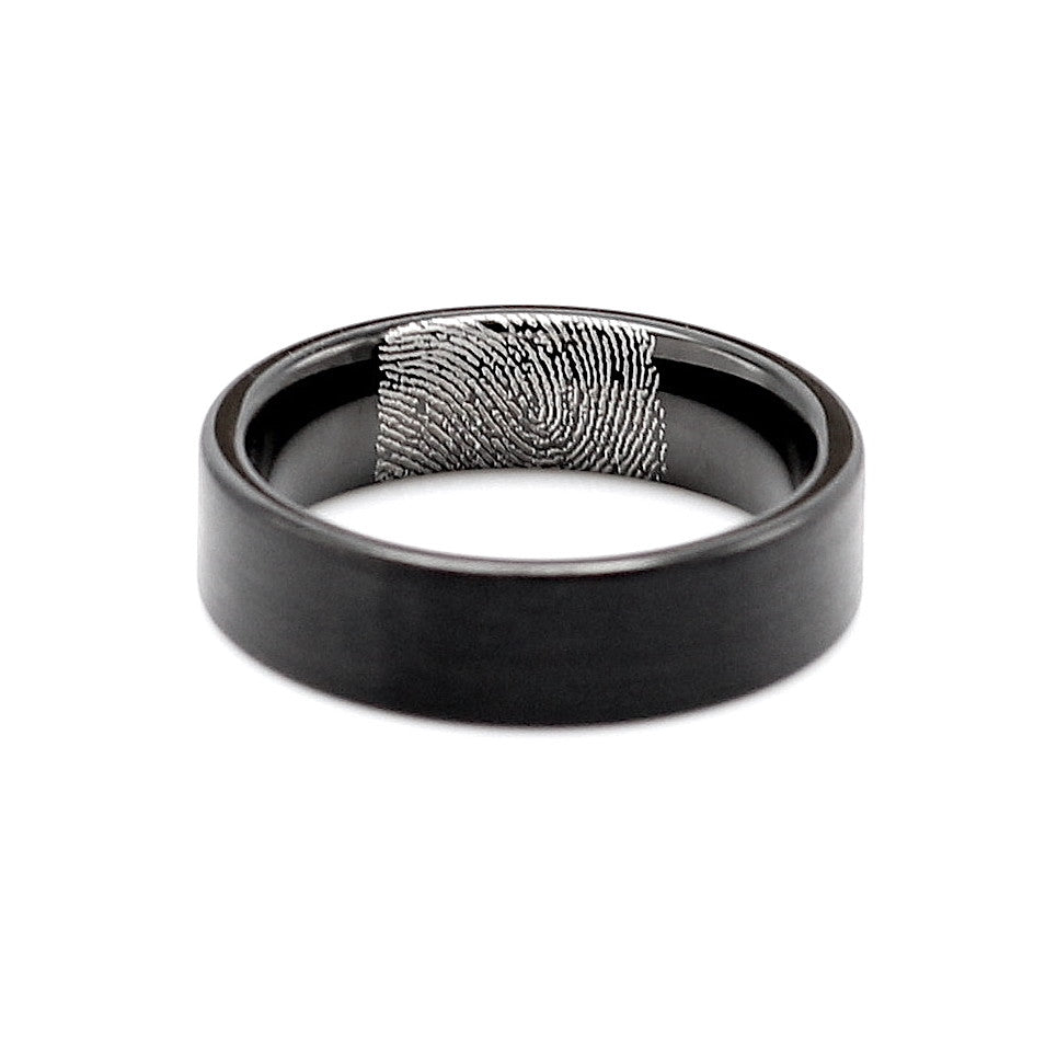 Portland Ring Mens Tungsten Band 6mm Matte Black. Best tungsten rings in South Africa. Fast shipping available nationwide. Fingerprint Engraving. Fingerprint wedding band.
