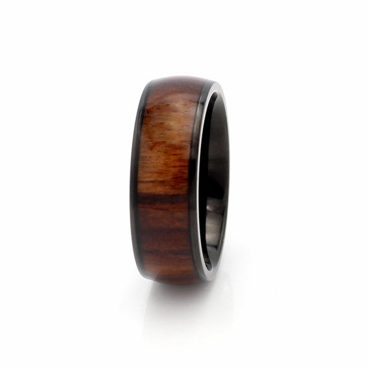 Kinshasa Ring Titanium Band 8mm Black Wood. Wood rings for men. Tungsten and titanium wedding bands. Add engraving. Affordable rings for everyday wear.