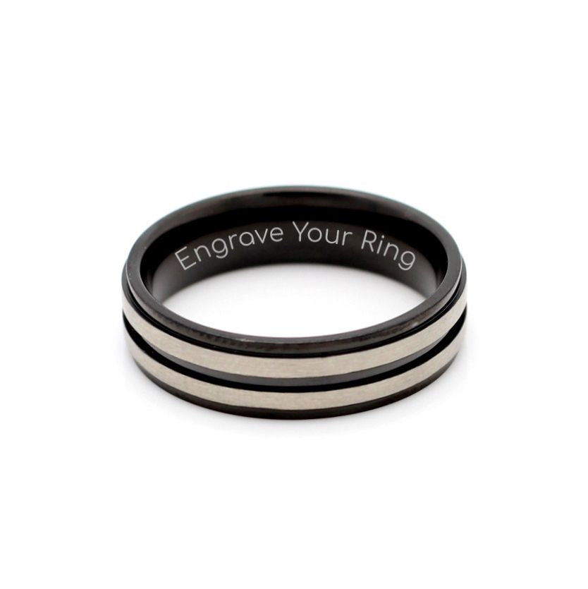 Manhattan Ring Titanium Band 6mm Black & Silver Grooves. Urban Rings Purveyors of Tungsten and Titanium wedding bands. Lightweight and strong titanium rings. High quality. Fast local shipping.