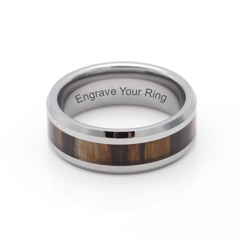 Nairobi Ring Tungsten Band 8mm Silver Wood Zebra.