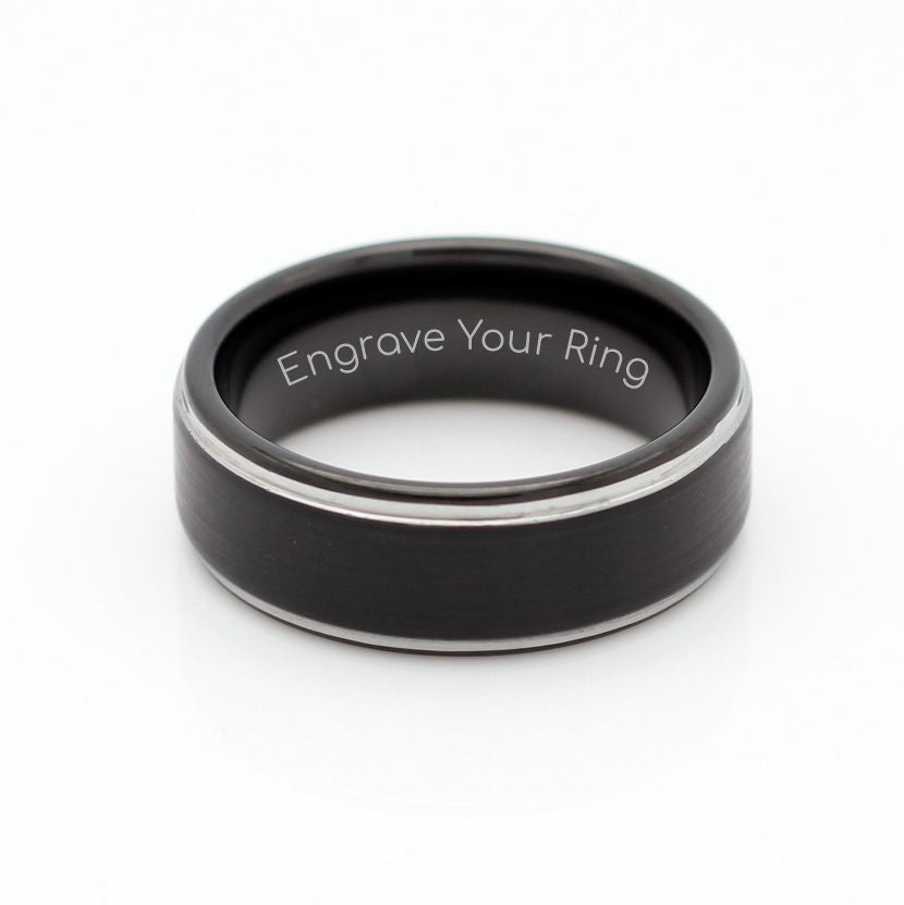 Siam Ring Tungsten Band 8mm Black Silver Edge. Modern men's wedding band with option to engrave a personal message on the inside. Tungsten rings make the best wedding bands for men.