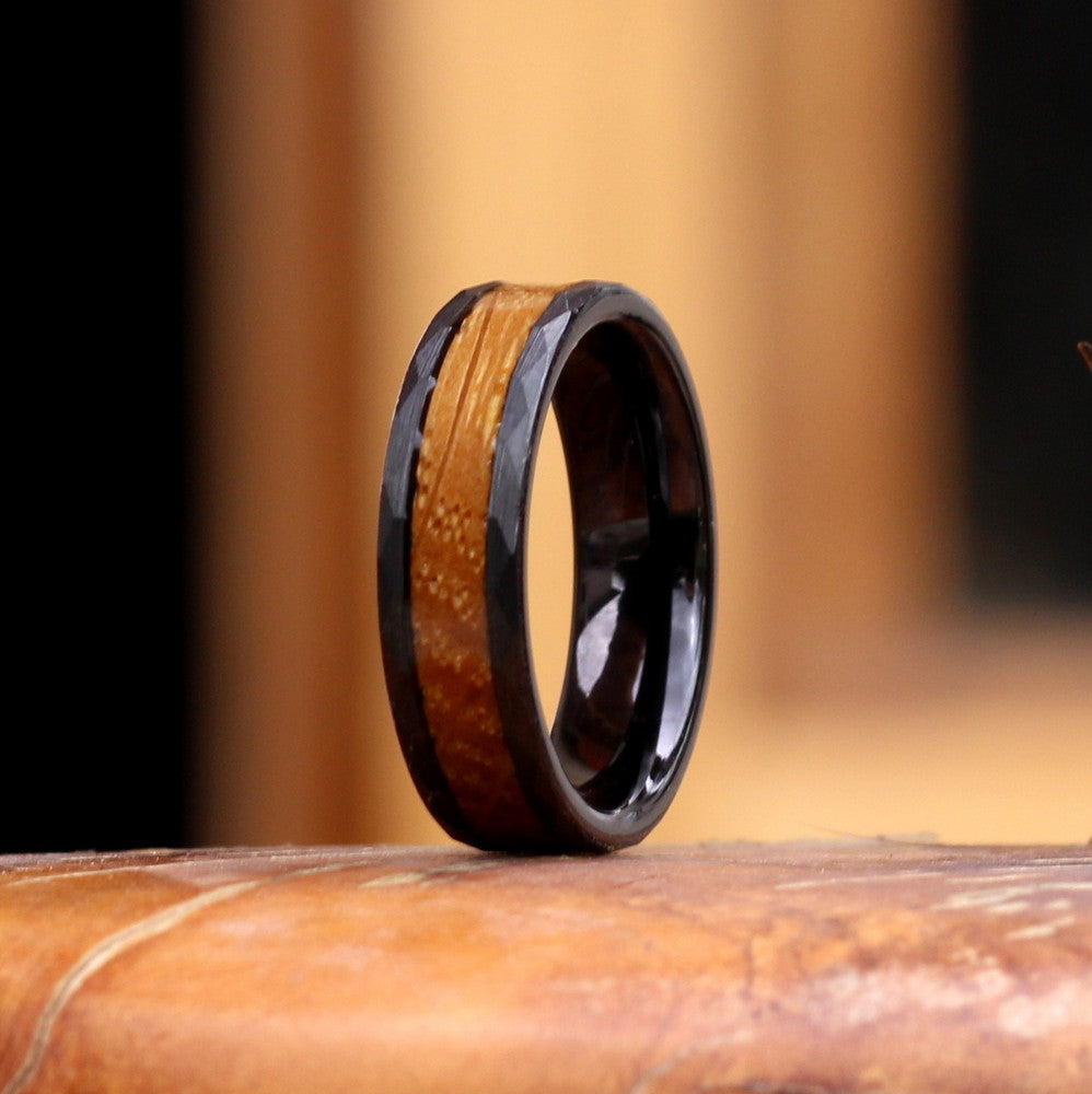 Santiago 6mm Tungsten Carbide Ring Black Hammered Wood