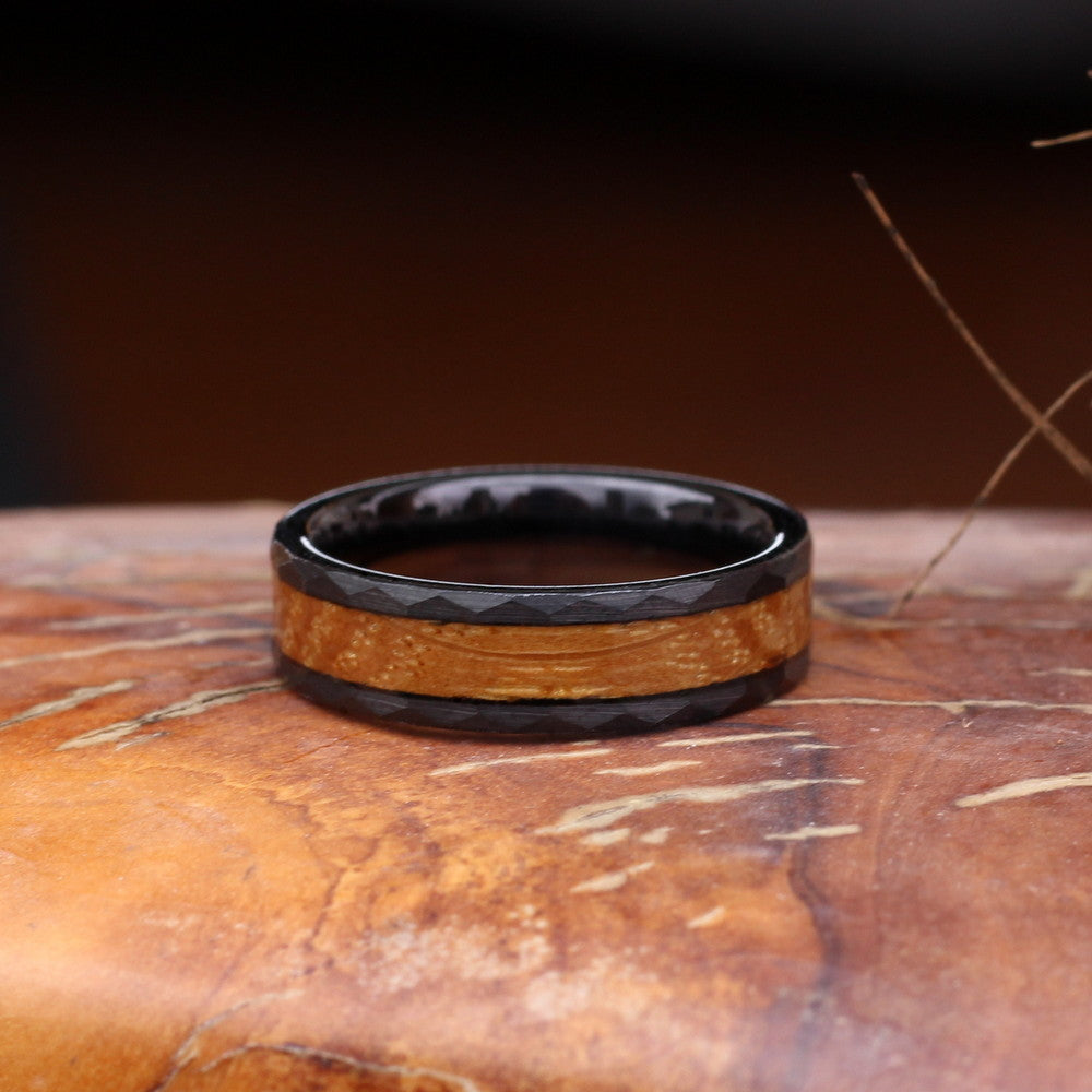 Santiago 6mm Tungsten Carbide Ring Black Hammered Wood