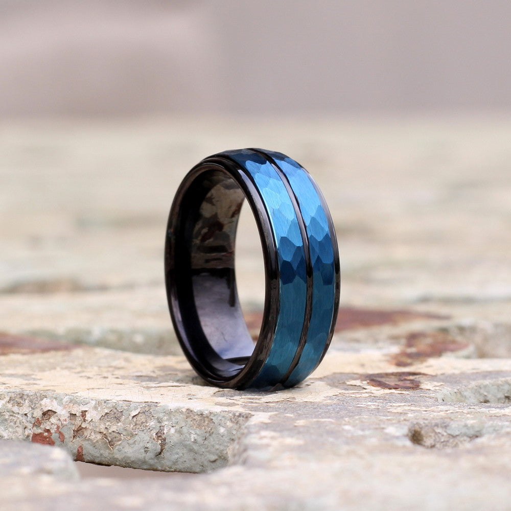 Toronto 8mm Tungsten Carbide Ring Blue Hammered