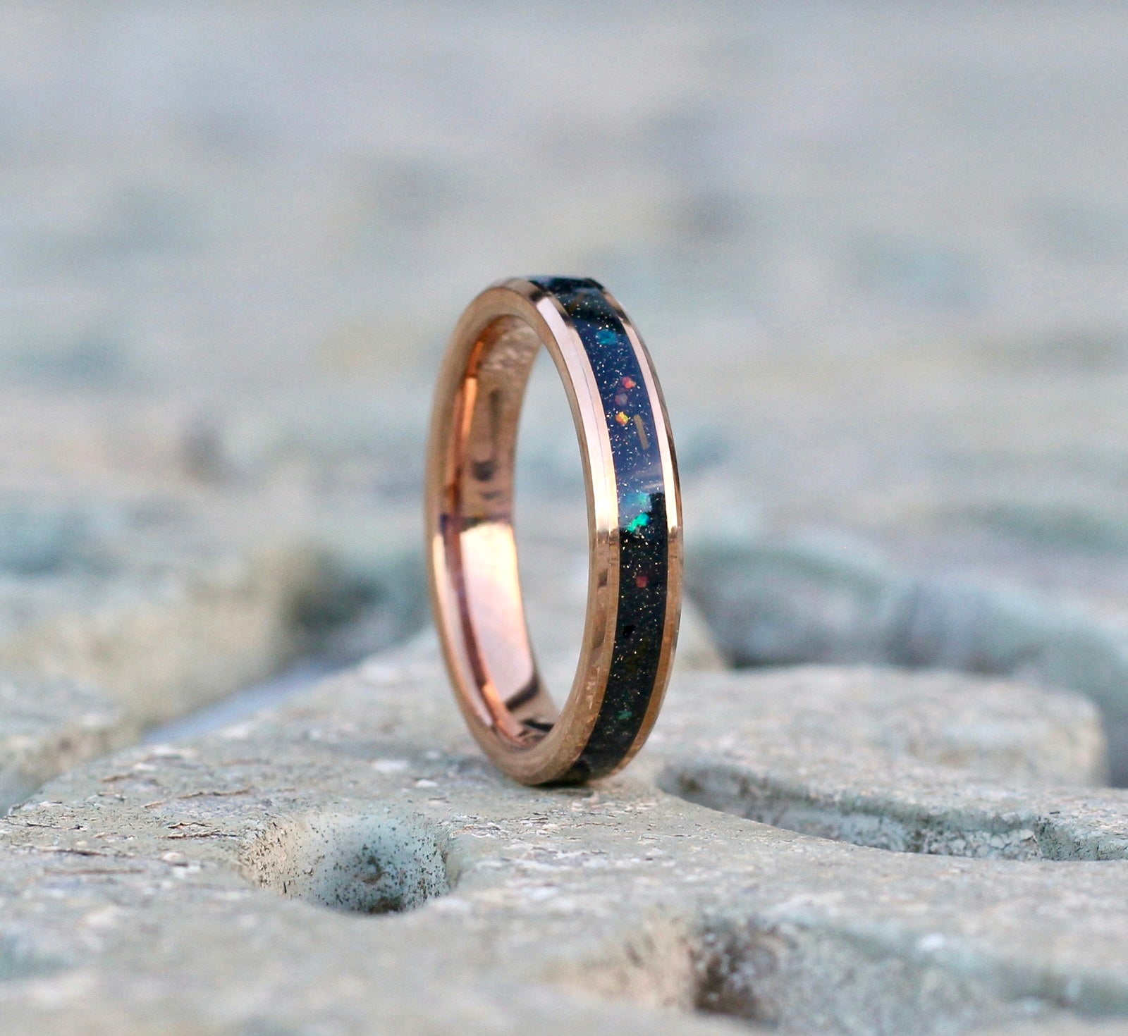 Rose gold tungsten ring with embedded galaxy inlay 4mm band