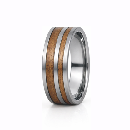 Beirut 8mm Silver Tungsten Carbide Ring Double Wood Inlay