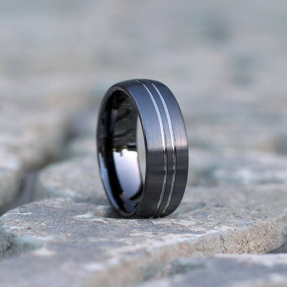 8mm dark silver tungsten ring with brushed finish and double silver groove detail