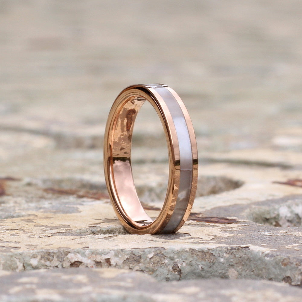 rose gold tungsten band with pearl inlay
