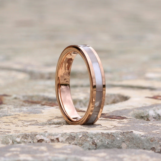rose gold tungsten band with pearl inlay