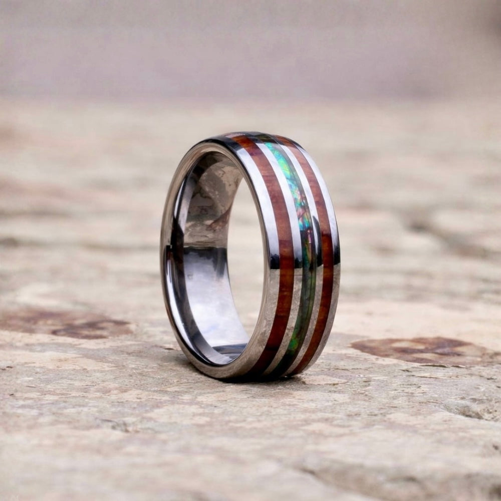 Silver tungsten ring 8mm with wooden and shell inlays