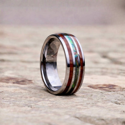 Silver tungsten ring 8mm with wooden and shell inlays