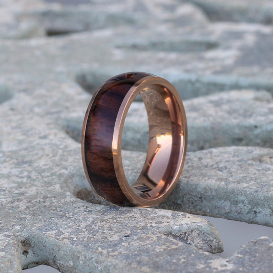 Casablanca 8mm Warm Gold Titanium Ring Wood Inlay