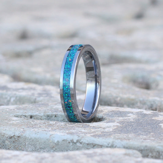 silver tungsten band with crushed opal inlay blue 4mm