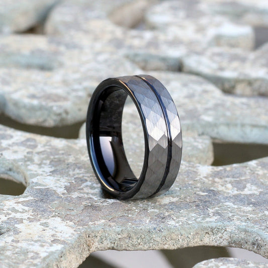 Silver hammer texture tungsten ring 8mm wedding band black interior and groove
