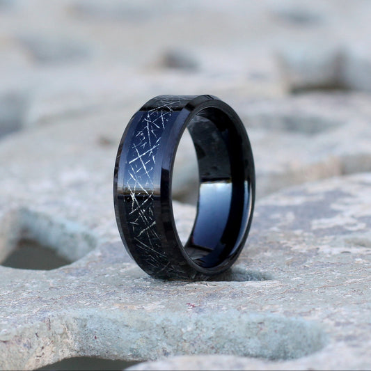 black tungsten band fibre inlay bevelled edges