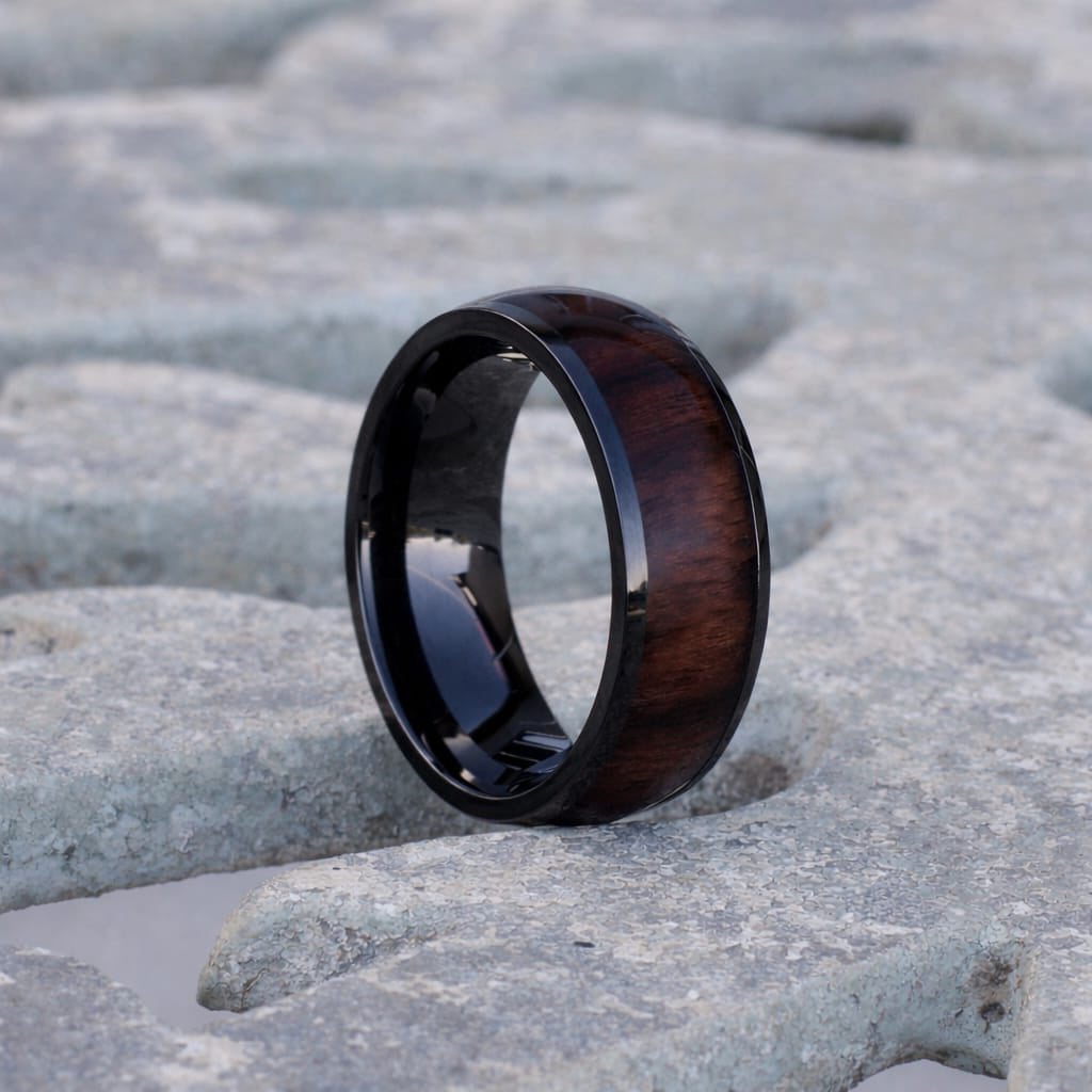 Kinshasa 8mm Black Titanium Ring Wood Inlay – Urban Rings SA