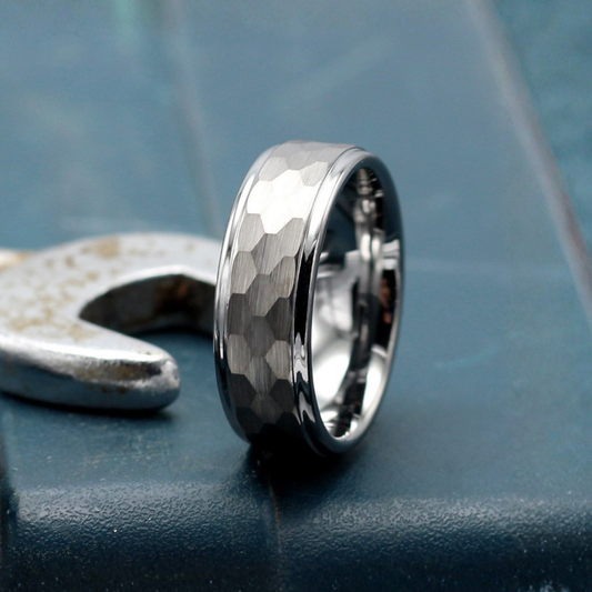 Brussels 8mm Silver Tungsten Carbide Ring Hammered Finish
