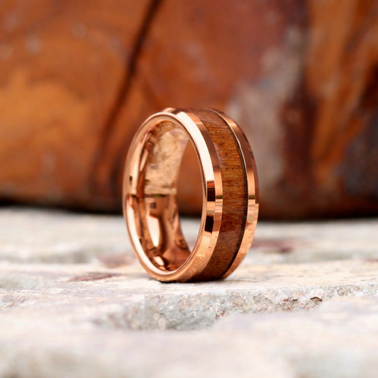 Rose gold tungsten ring with wooden inlay 8mm width