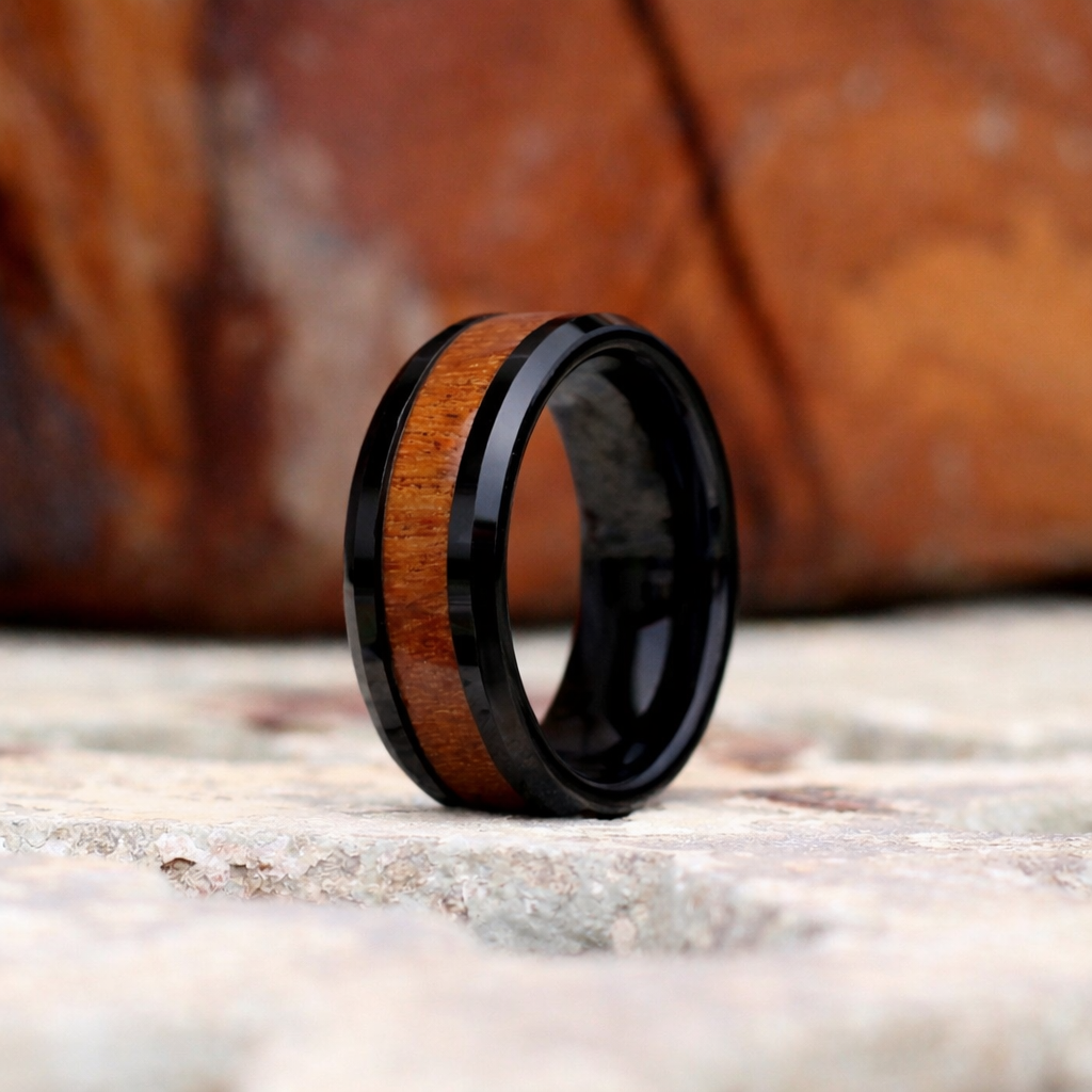 Black tungsten 8mm ring with wooden inlay urban rings SA