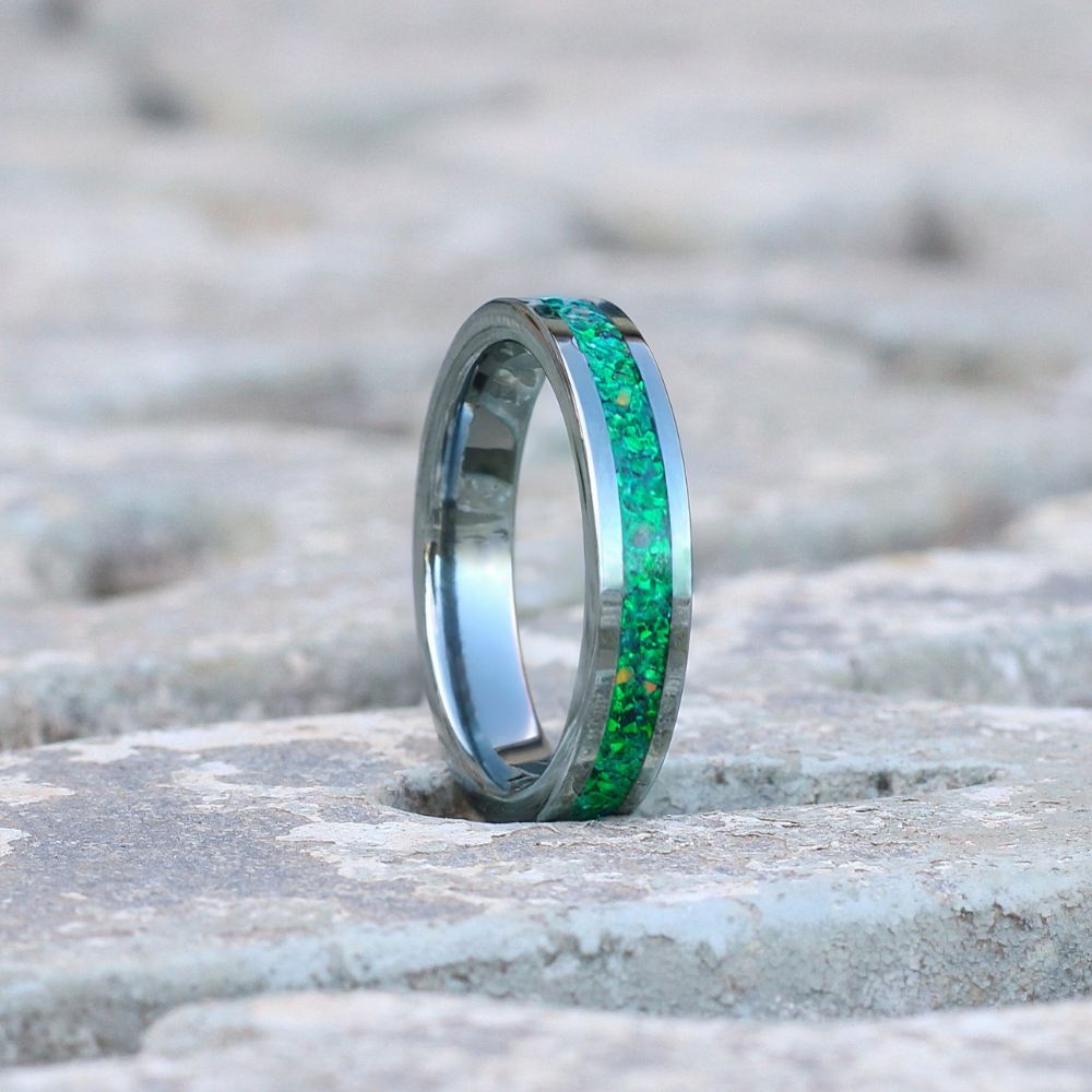 Silver tungsten 4mm band with crushed opal inlay in green