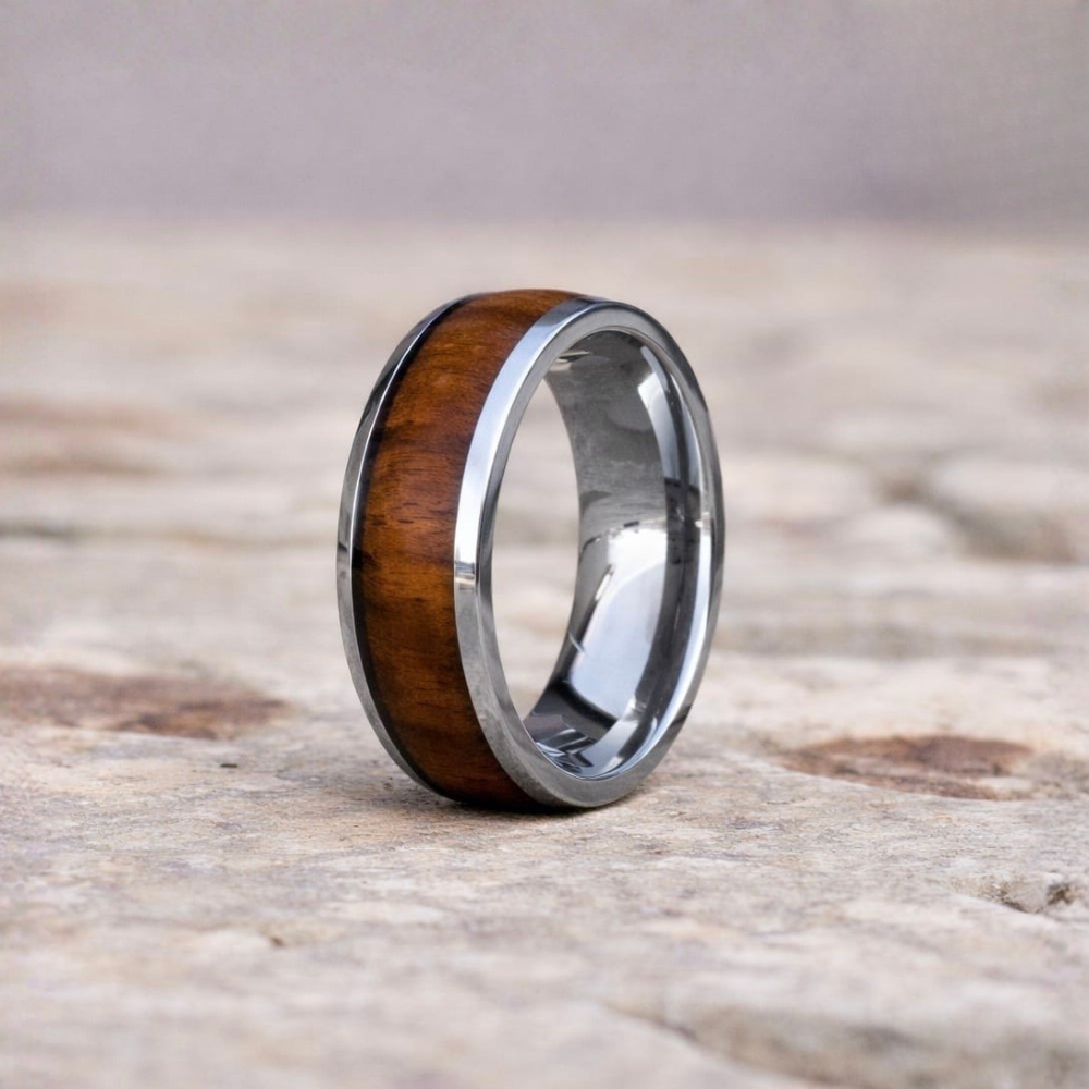 Wooden inlay ring titanium silver band custom engraving available