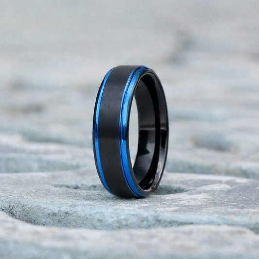 Black tungsten ring with blue edges engraving available South Africa 