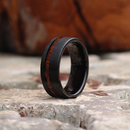 Black tungsten 8mm wedding band with wooden stripe inlay brushed finish
