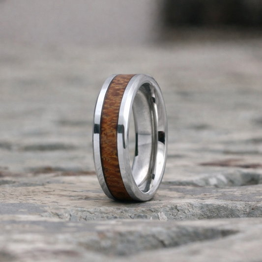 Silver 6mm tungsten ring with wooden inlay South Africa bevelled edges
