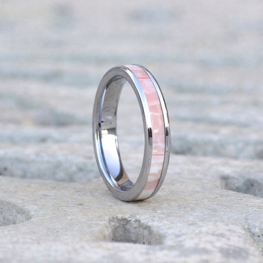 4mm silver tungsten band mother of pearl inlay pink