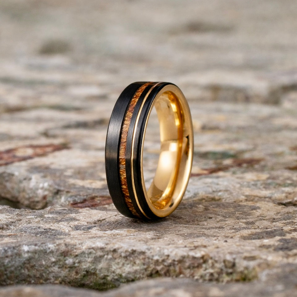 Gold and black tungsten wing with wooden stripe and groove detail 6mm wedding band