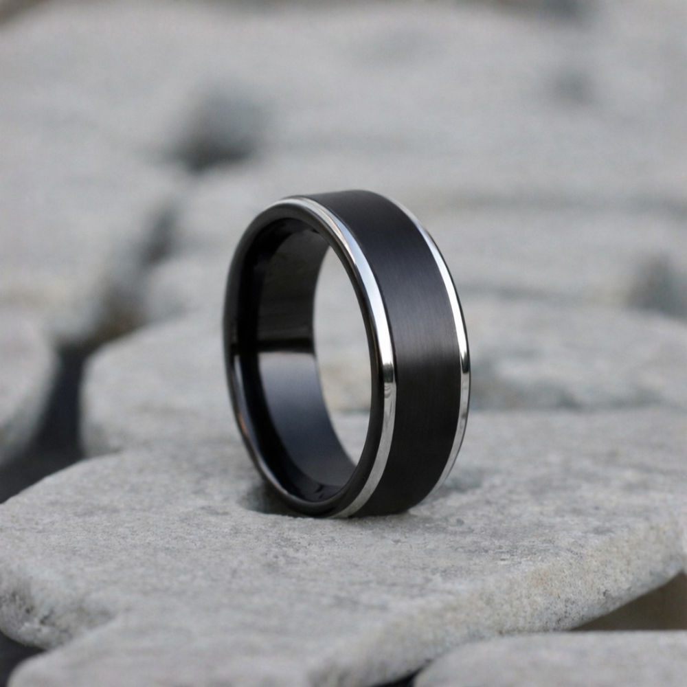 black tungsten ring with silver edge detail