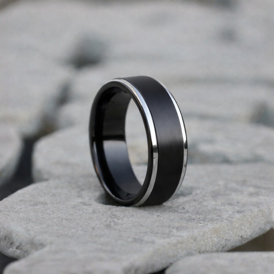 black tungsten ring with silver edge detail