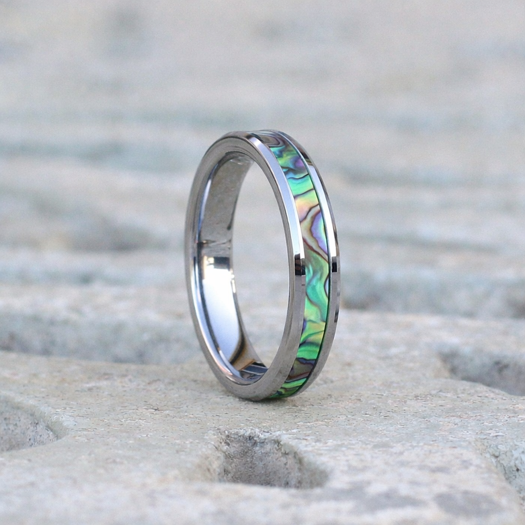silver 4mm tungsten band with shell inlay Maldives ring