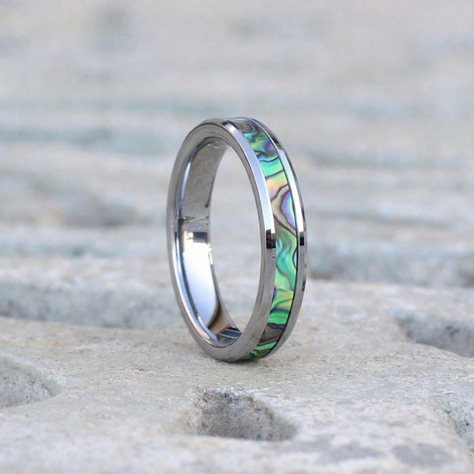 silver 4mm tungsten band with shell inlay Maldives ring