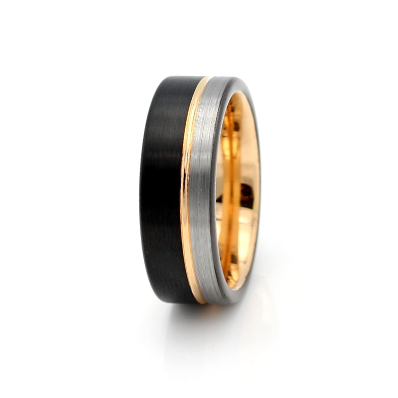 Jozi Ring Mens Tungsten Band 8mm Tri-Colour. Brushed tungsten rings. Black, silver and rose gold wedding bands. Local shipping to anywhere in SA.