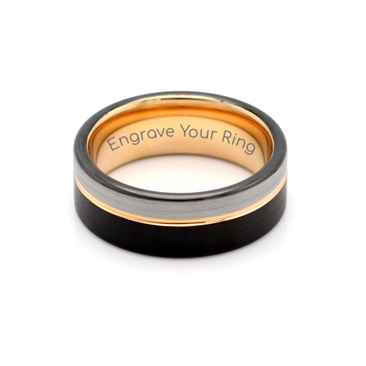 Jozi Ring Mens Tungsten Band 8mm Tri-Colour. Brushed tungsten rings. Black, silver and rose gold wedding bands. Local shipping to anywhere in SA.