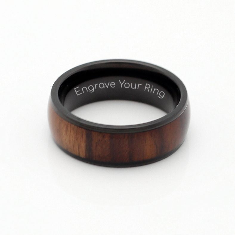 Kinshasa Ring Titanium Band 8mm Black Wood. Wood rings for men. Tungsten and titanium wedding bands. Add engraving. Affordable rings for everyday wear.