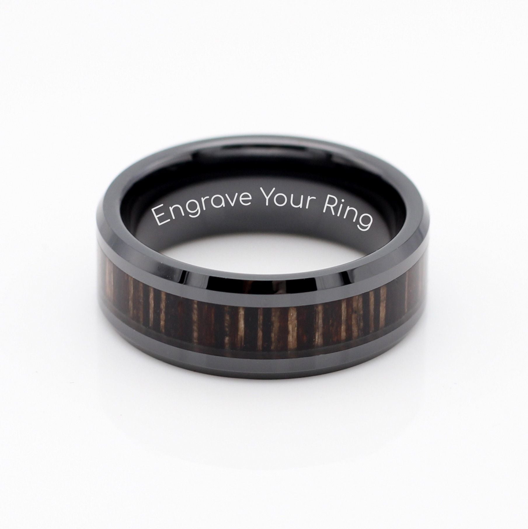 Lagos Ring Titanium Carbide Band 8mm Wood Zebra. Lightweight yet super strong. Wedding bands for men in South Africa. Add engraving to personalise your ring.