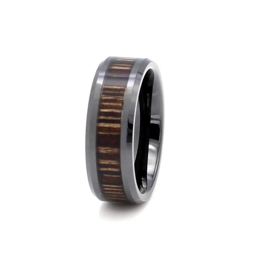 Lagos Ring Titanium Carbide Band 8mm Wood Zebra. Lightweight yet super strong. Wedding bands for men in South Africa. Add engraving to personalise your ring.